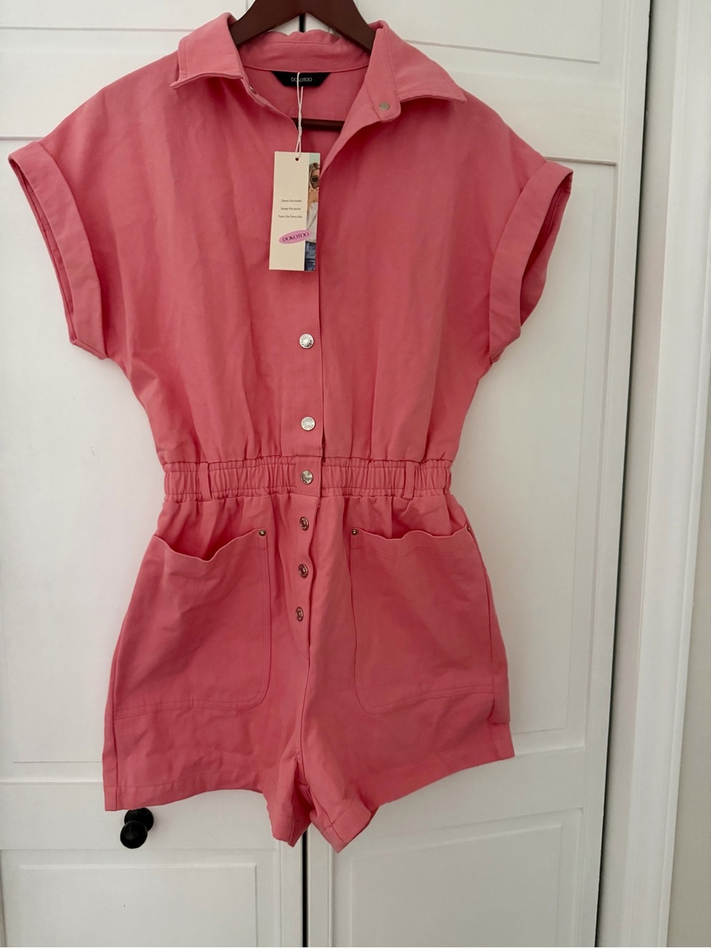 Dokotoo Women’s Coral Pink Short Sleeve Romper with Elastic Waist